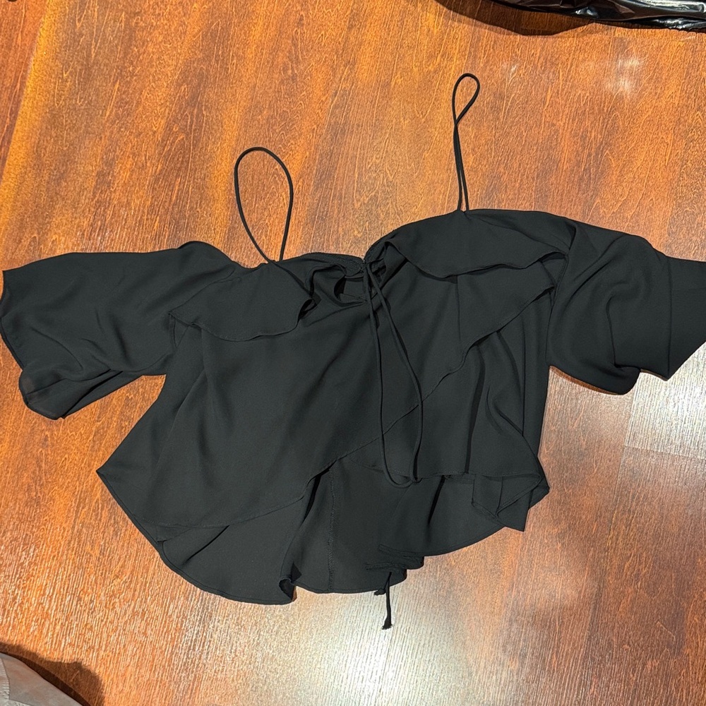 Olivaceous Black Off-Shoulder Ruffle Camisole